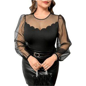 Women's Plus Size Mesh Tops Crew Neck Lantern Long Sleeve Scallop Trim Blouses